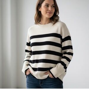 Cream and Black Striped 100% Merino Wool Classic Minimalist Oversized Sweater M